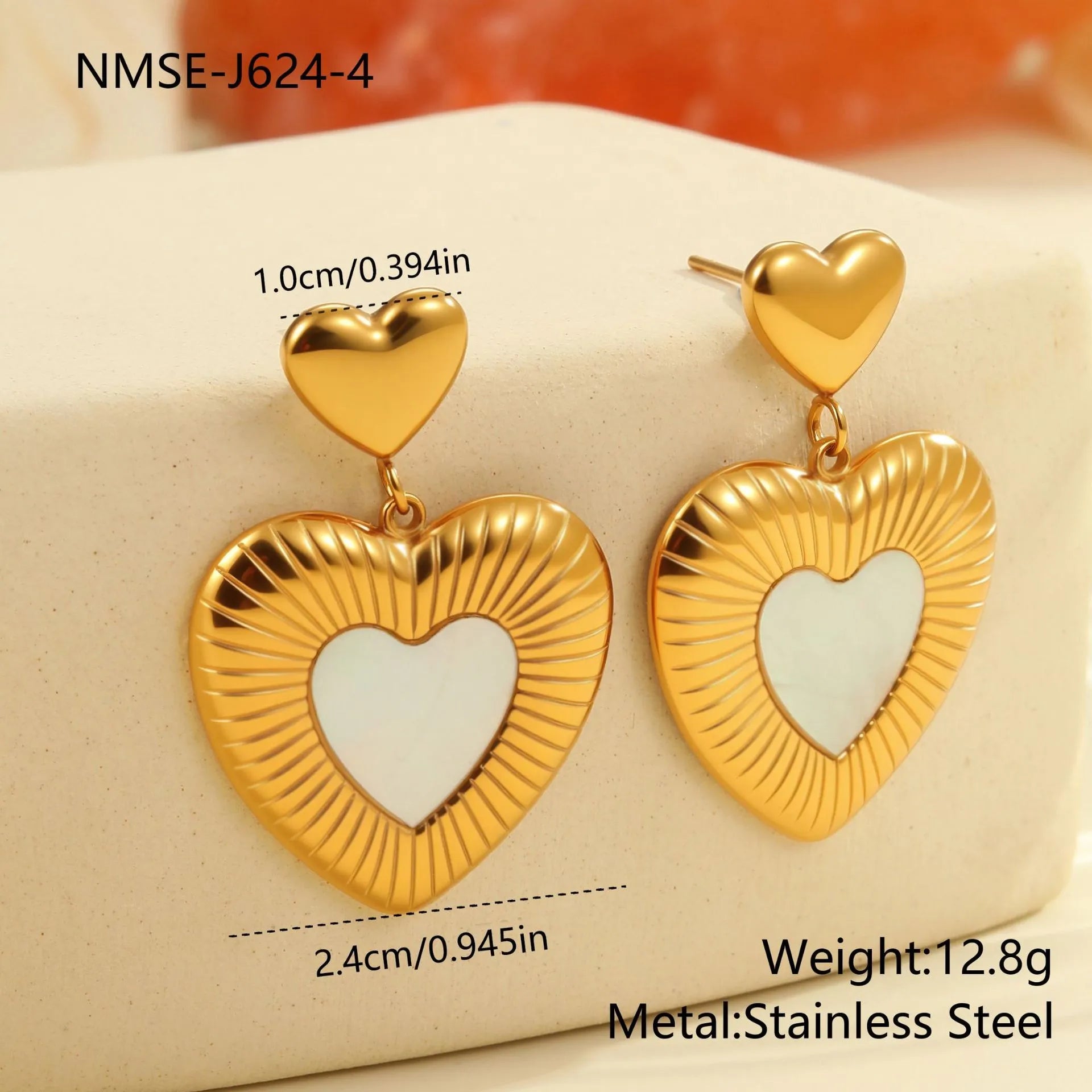 Women's heart-shaped stainless steel earrings with 18K gold electroplating