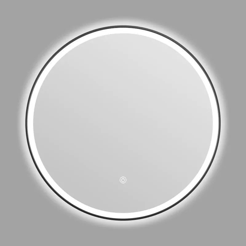 Round black aluminium alloy smart LED makeup mirror mounted on a wall with dimmable lighting.