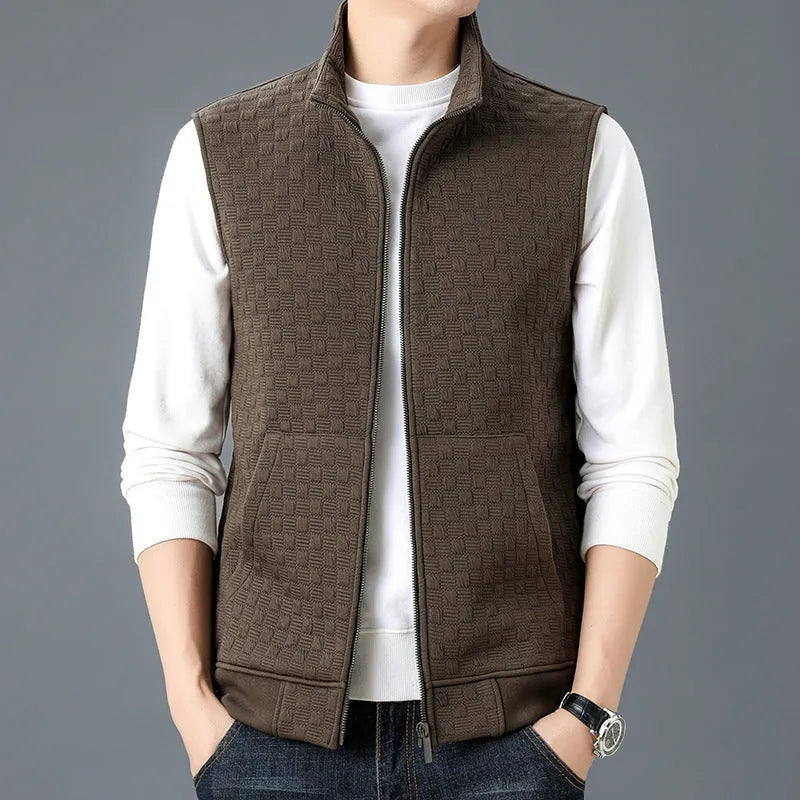 Casual sleeveless men's waistcoat vest in a polyester blend fabric, shown in a neutral colour.