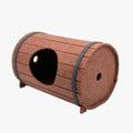 DIY assembled wine barrel shaped cat bed made from grey polyester felt panels.