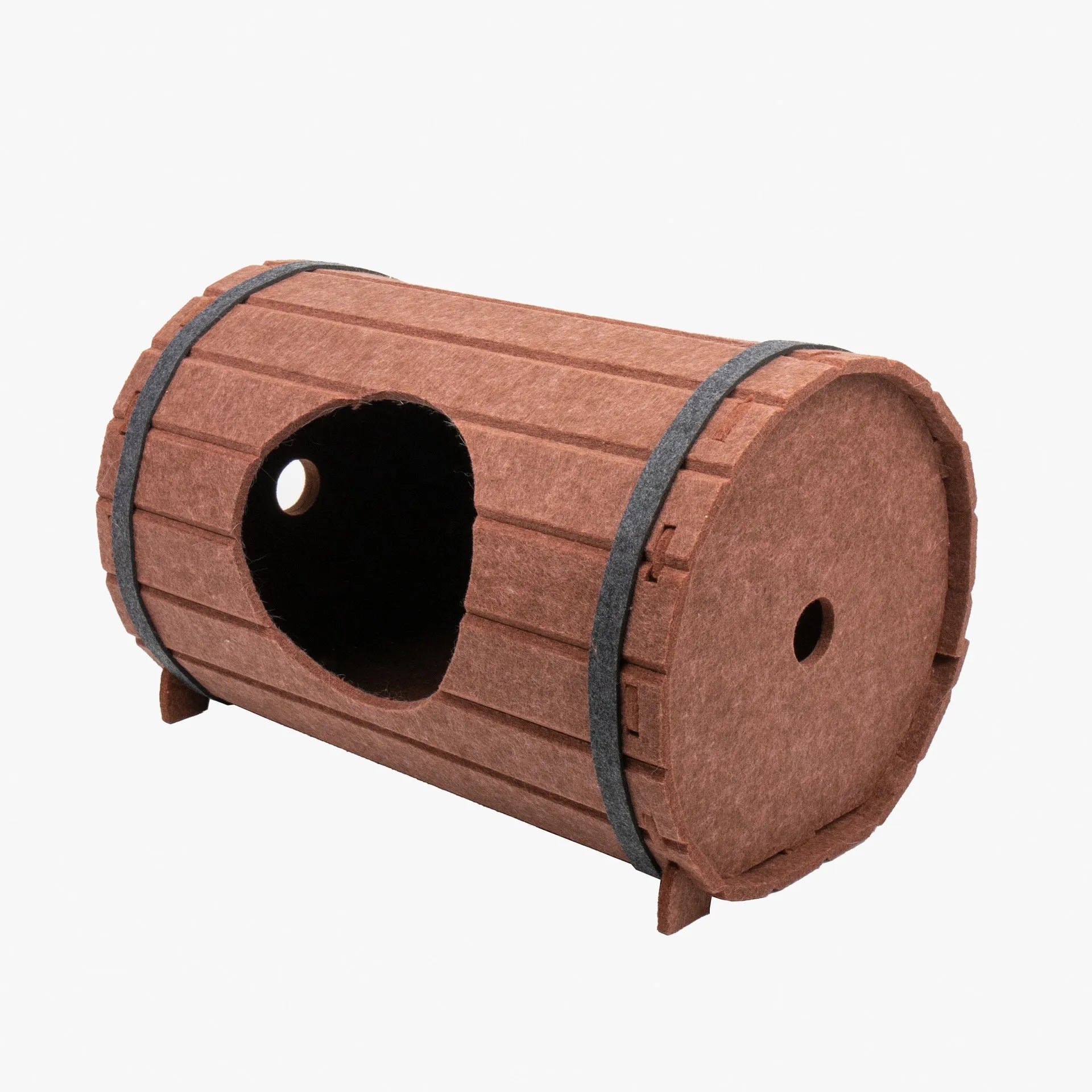DIY assembled wine barrel shaped cat bed made from grey polyester felt panels.