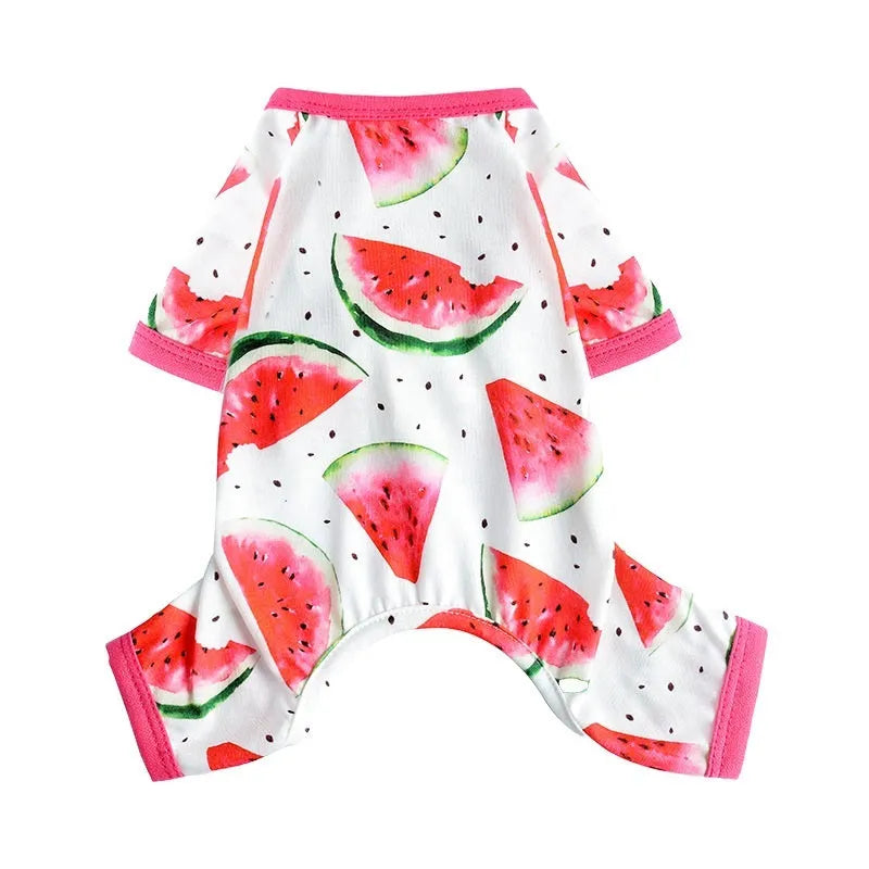 Watermelon red four-leg dog jumpsuit with watermelon print in polyester, shown as pet clothing