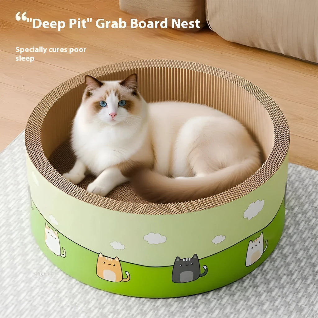 Large round cat scratch board with deep grooves, shown in 45cm and 50cm sizes.