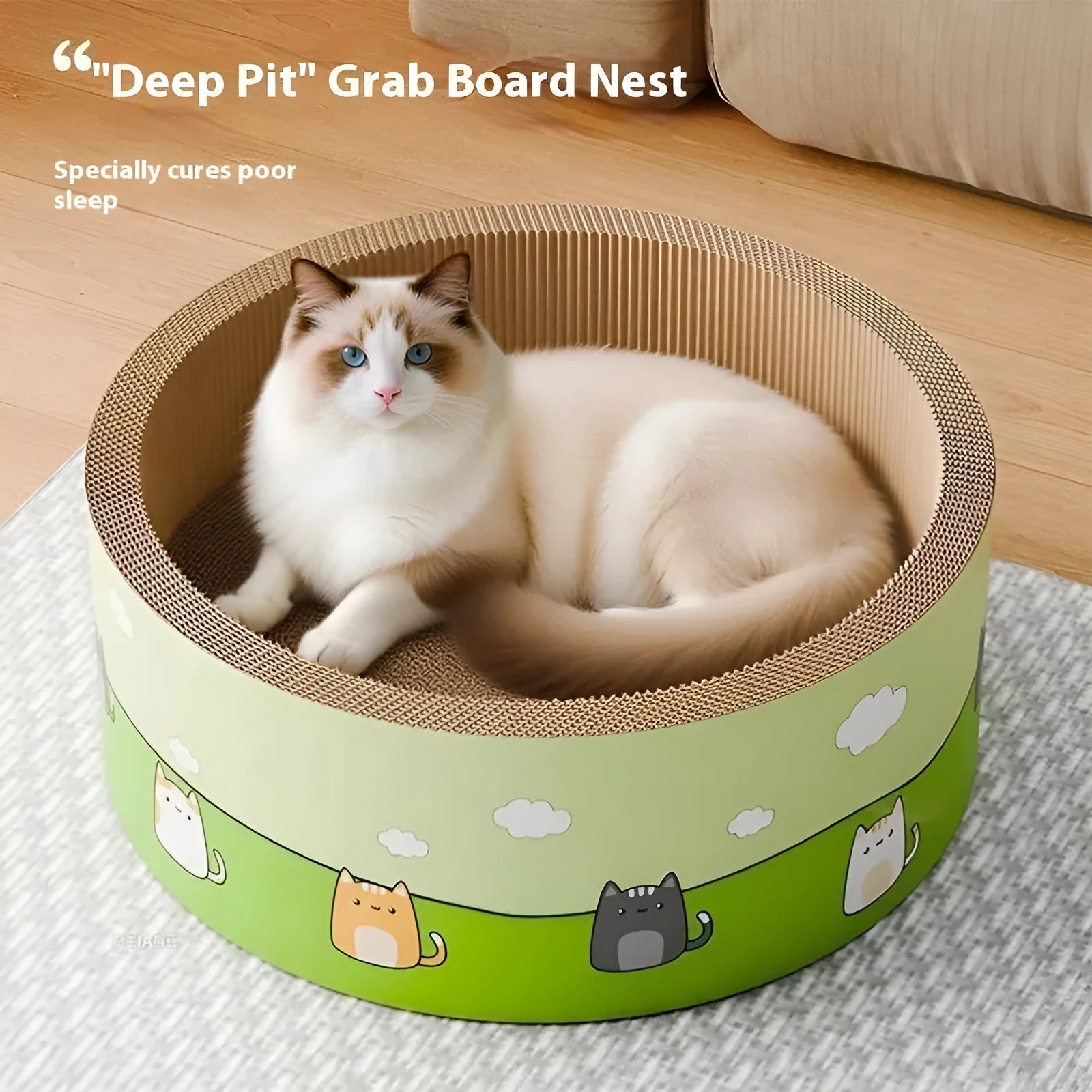Large round cat scratch board with deep grooves, shown in 45cm and 50cm sizes.
