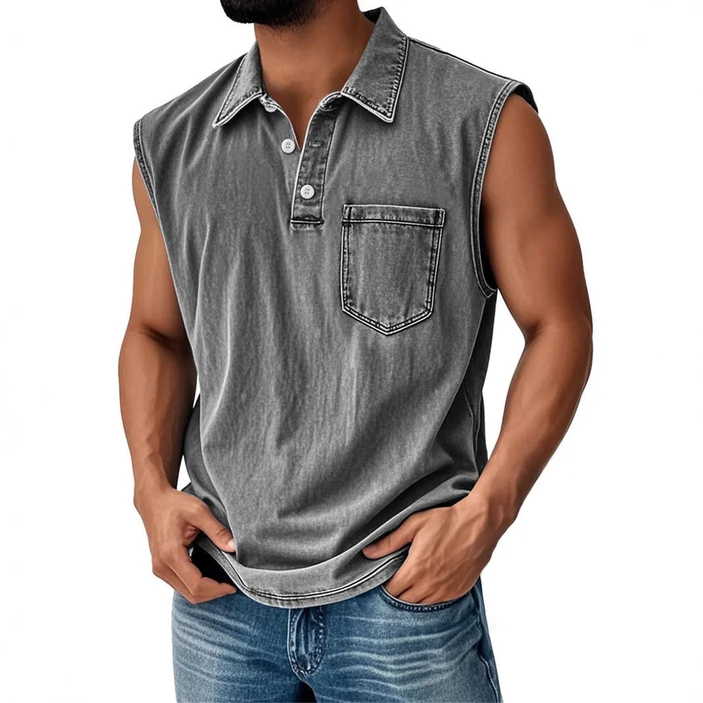 Man wearing a short sleeve polo shirt with a 3D digital printed pattern and button-down collar.