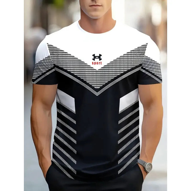 Man wearing a loose-fit short-sleeved T-shirt with a digital 3D striped print.