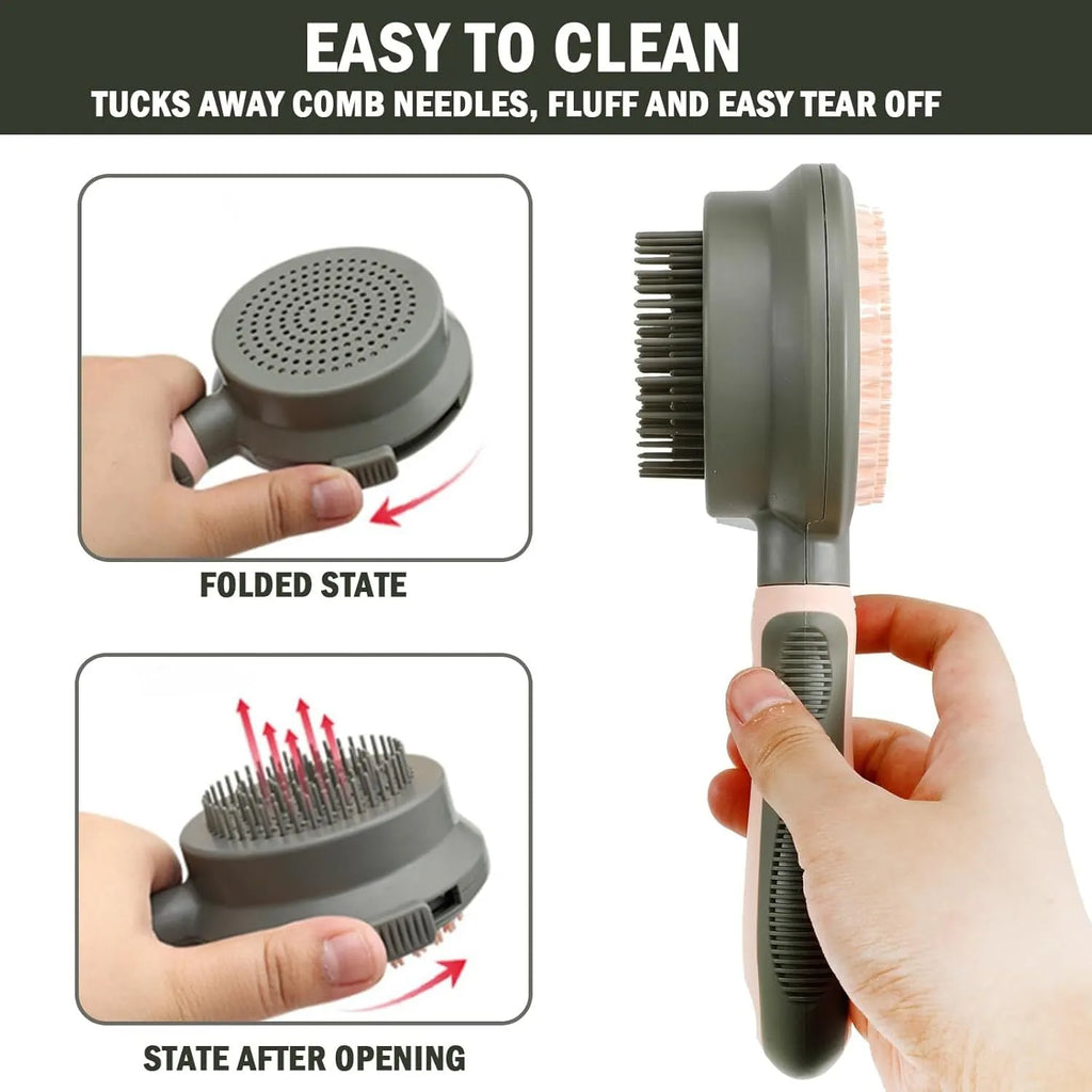 Pink and green double-sided cat brush with release button and attached flea comb