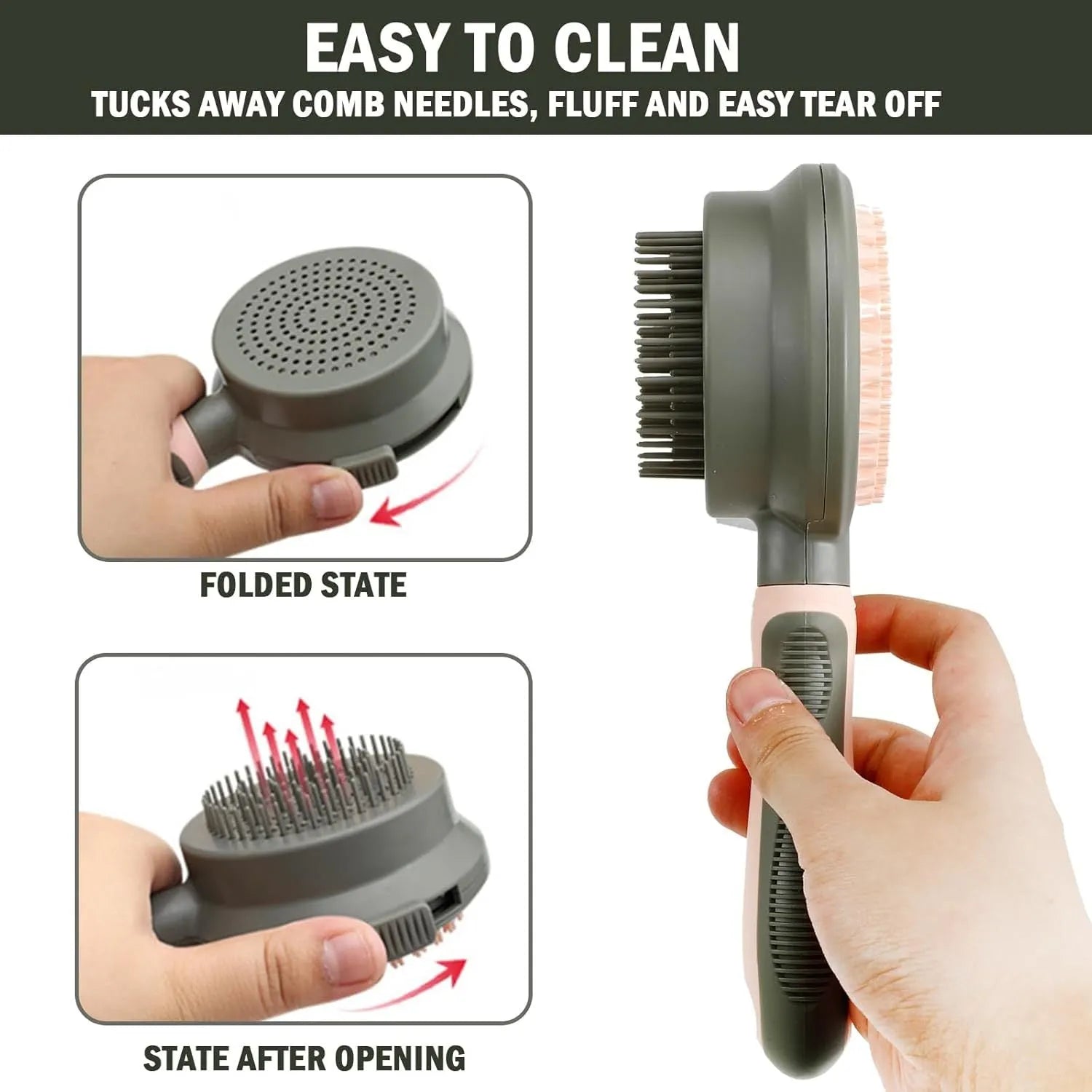 Pink and green double-sided cat brush with release button and attached flea comb