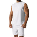 Men's sleeveless sports suit set in cotton blend fabric showing sleeveless top and matching shorts