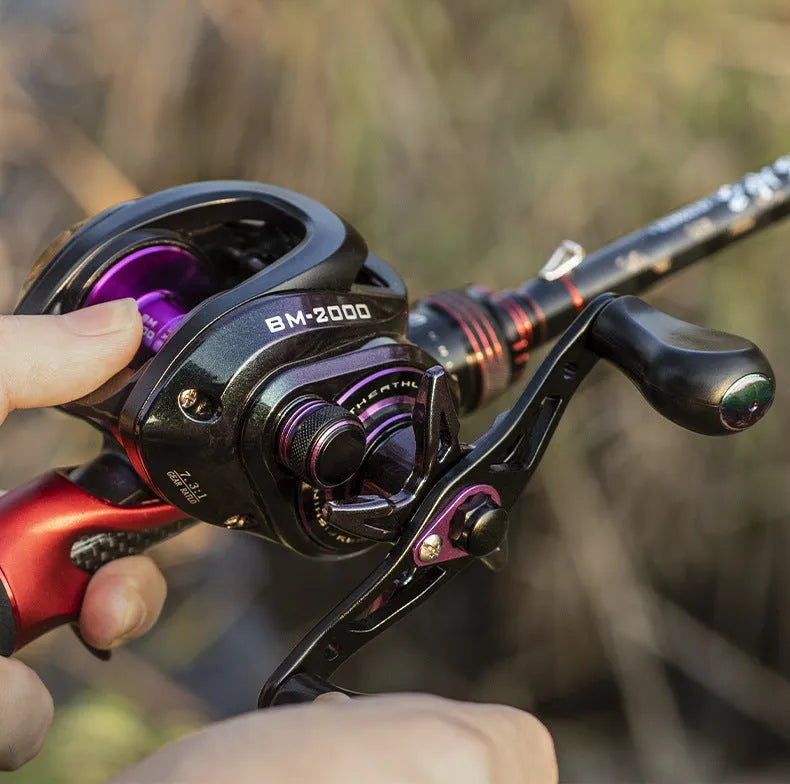 Colourful BM2000 baitcasting fishing reel with magnetic brake and water drop spool.