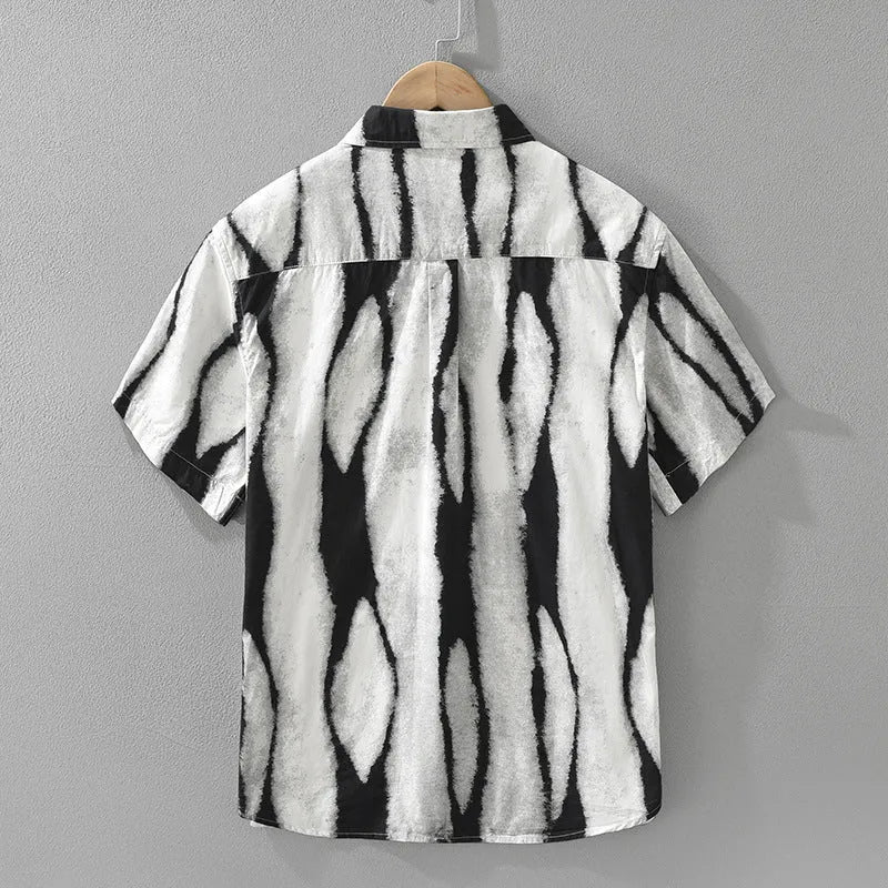 Retro striped black and white pure cotton short sleeve shirt with a loose, cardigan-style fit.