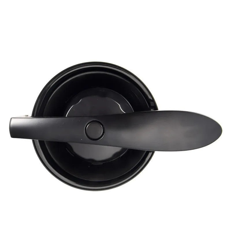 Stainless steel manual citrus juicer with round feeding port for lemons and oranges.