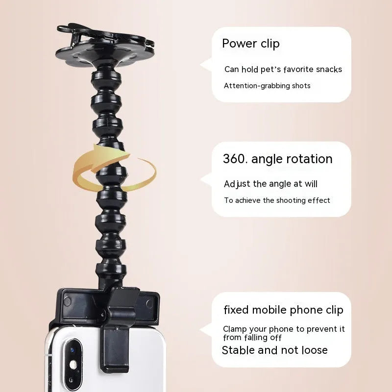 Black pet photography phone holder with treat clip for dog and cat photography sessions