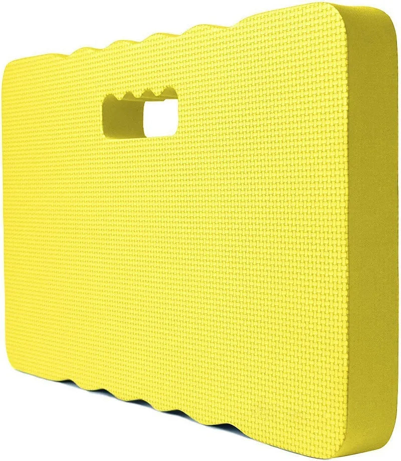 Blue EVA foam garden kneeler pad on grass, showing its rectangular 45cm by 28cm size.