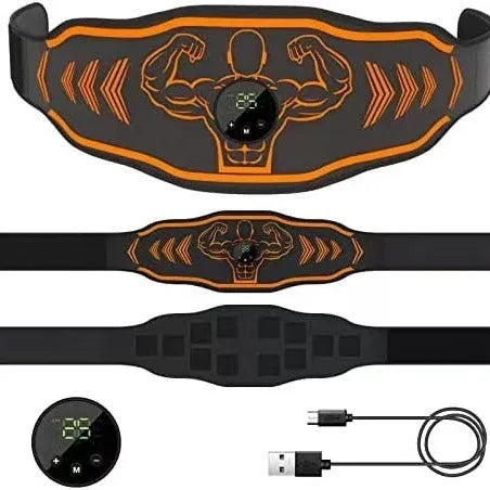Smart EMS massage belt fitness equipment with rechargeable control unit and blue/orange colour options