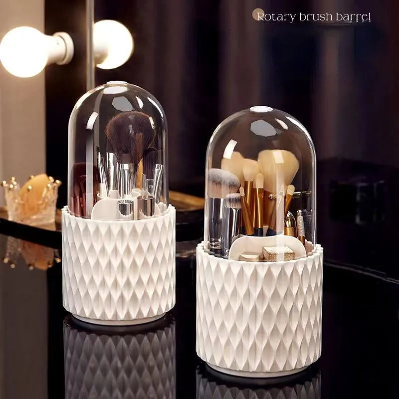 White rotating acrylic makeup brush storage box with transparent cover and split compartments
