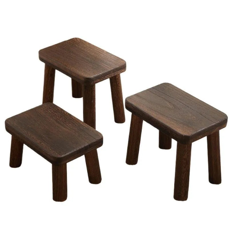 Distressed solid wood shoes changing stool with bracket structure for the living room.