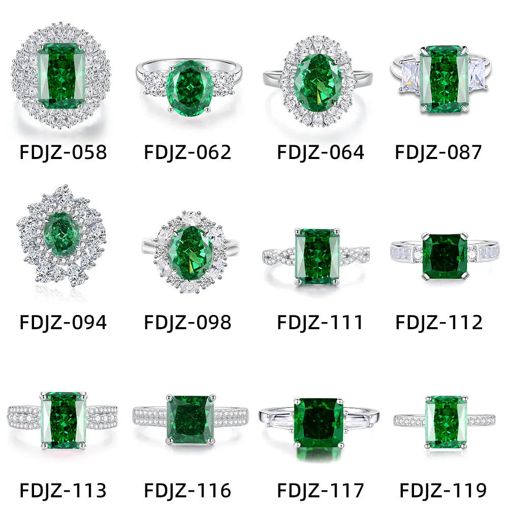 S925 silver emerald ring with high carbon diamond inlay in geometric ellipse shape on model finger.