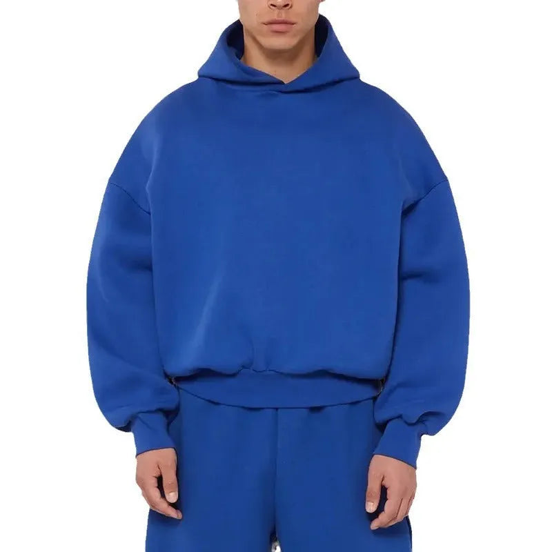 Men's grey fleece-lined cotton hoodie with wool lining, pullover style with threaded long sleeves