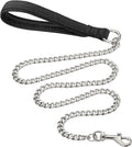 Heavy duty metal dog chain leash with soft black padded handle, shown with a red colour option.
