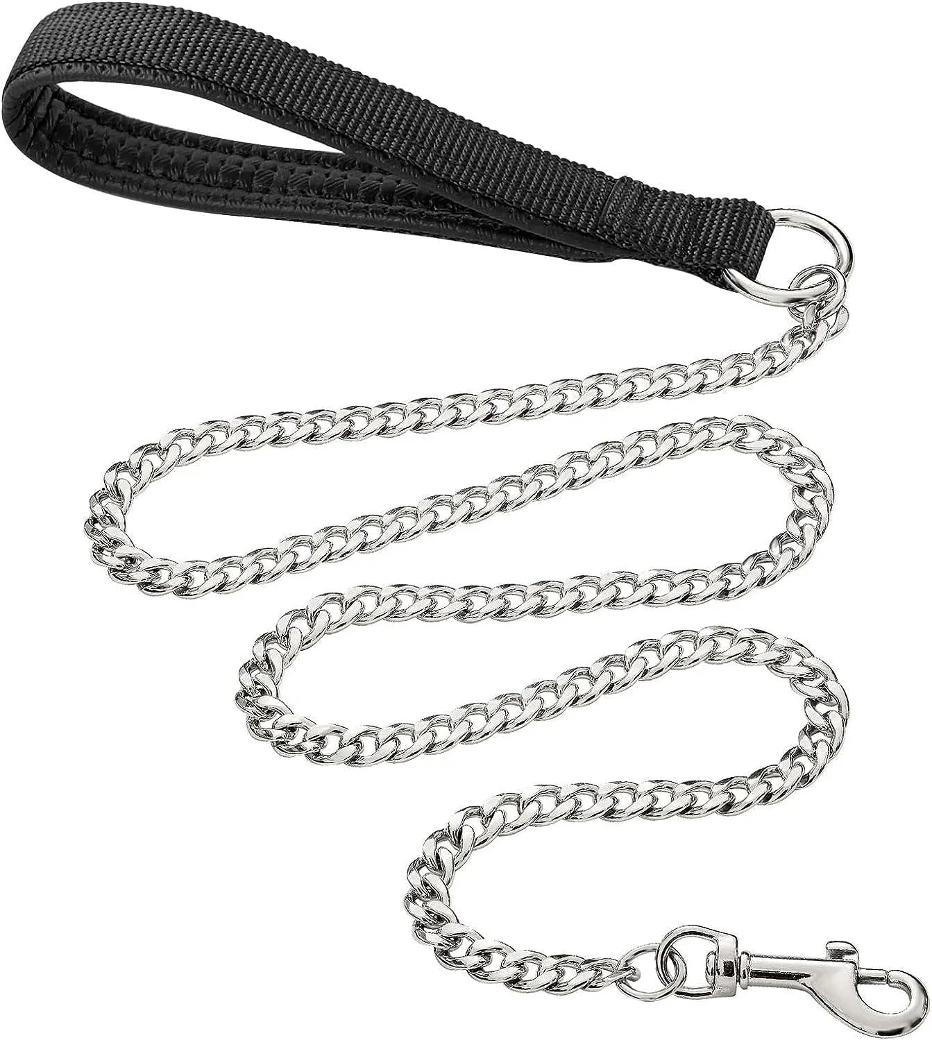 Heavy duty metal dog chain leash with soft black padded handle, shown with a red colour option.
