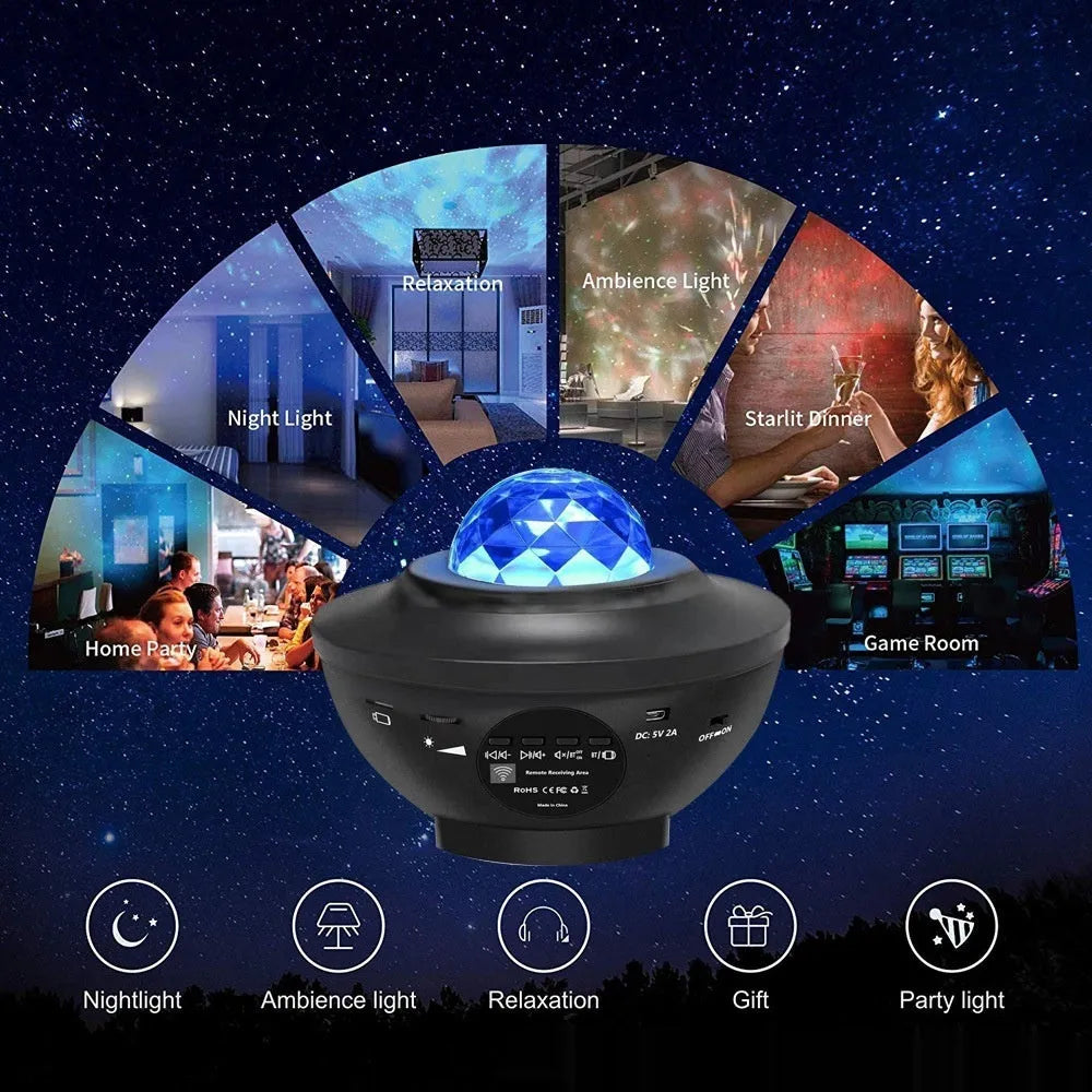 Black parallel style starry sky projection lamp with rotating water ripple laser effects and remote control