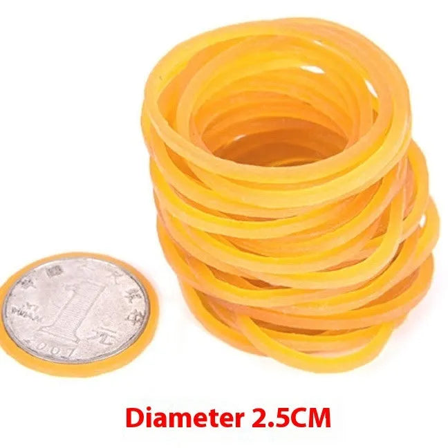 Yellow rubber bands in 500g bulk pack showing multiple diameter sizes from 25mm to 70mm