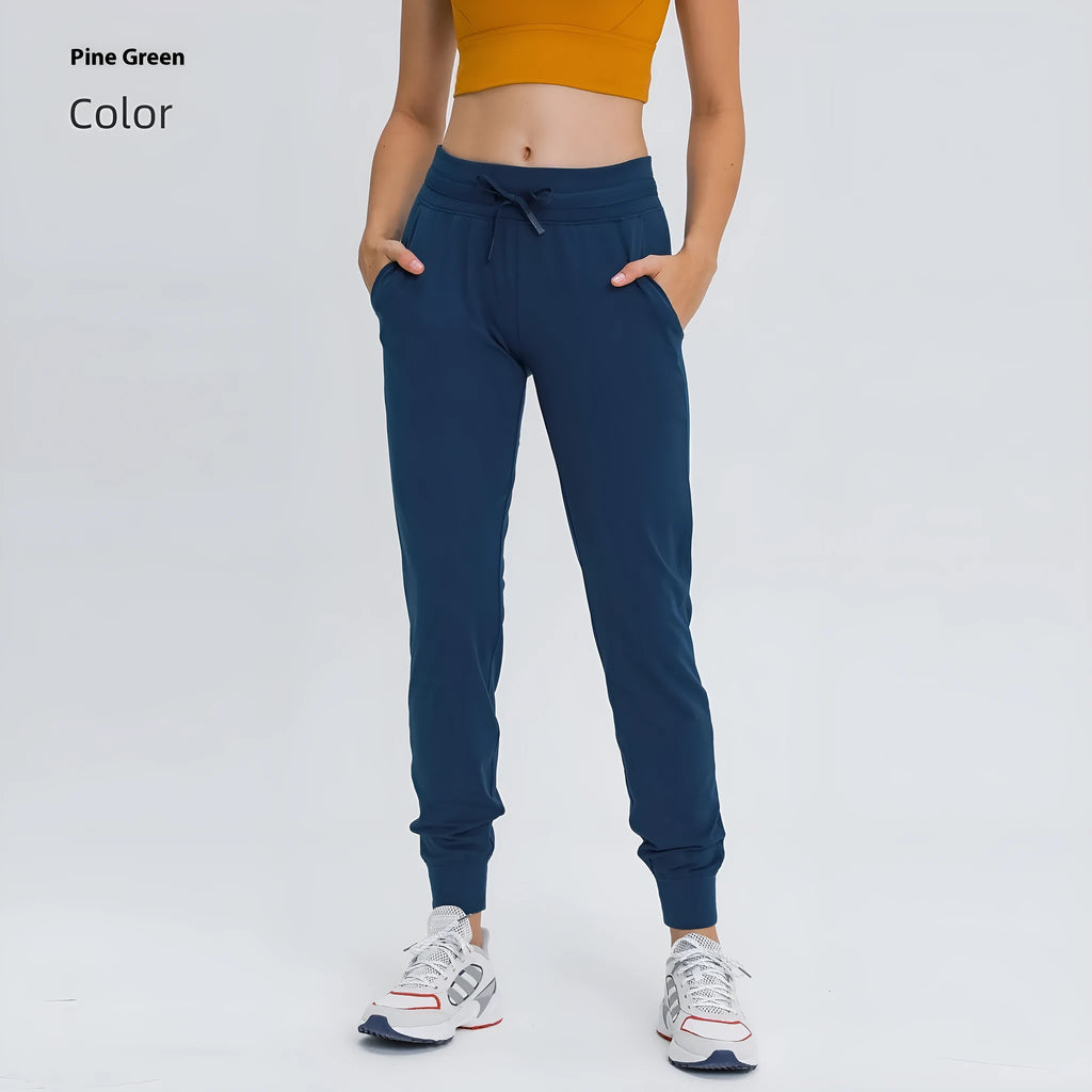 Women's high waist yoga pants with drawstring in Belgian Blue, black, and grey colors for fitness and running