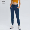 Women's high waist yoga pants with drawstring in Belgian Blue, black, and grey colors for fitness and running