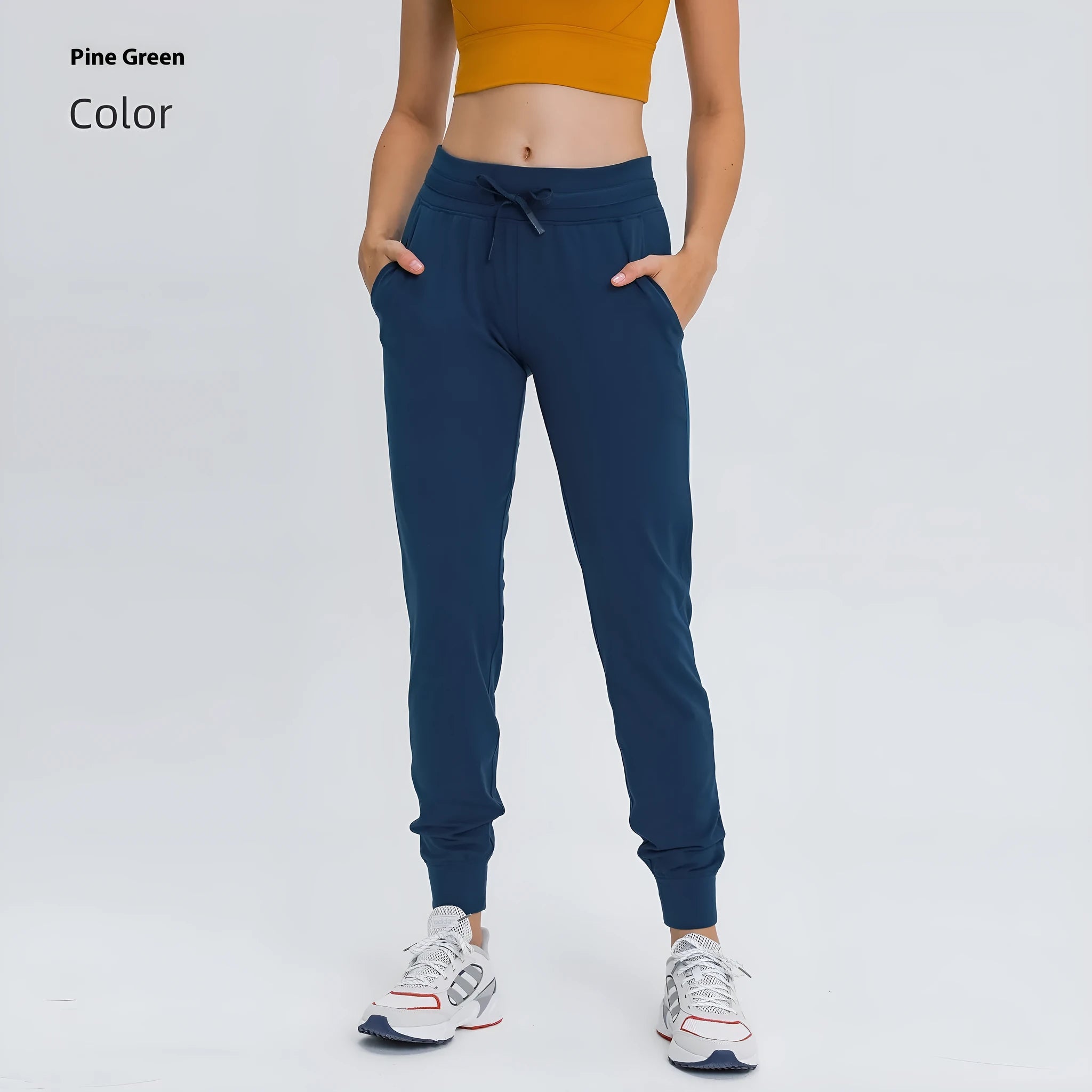Women's high waist yoga pants with drawstring in Belgian Blue, black, and grey colors for fitness and running