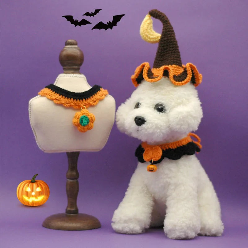 Hand-crocheted wool pet collar in Silent Pumpkin colour with adjustable sizing