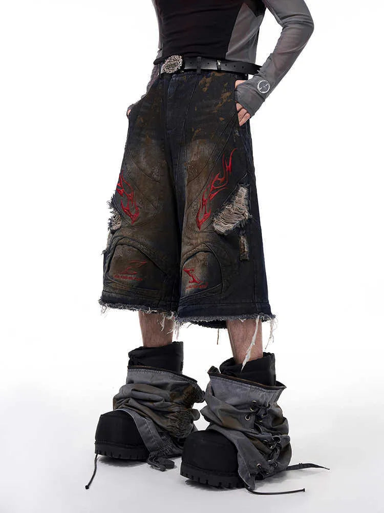 Men's retro wide leg jeans with detachable trousers legs in picture colour denim