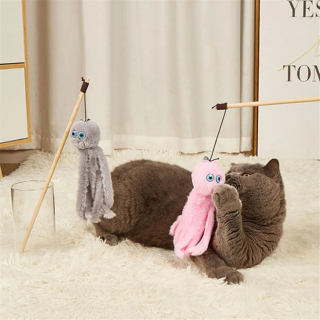 Octopus cat toy on long stick in grey pink purple red colours for indoor kittens