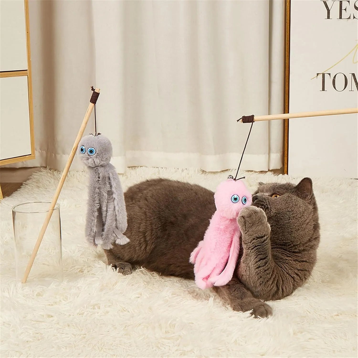 Octopus cat toy on long stick in grey pink purple red colours for indoor kittens