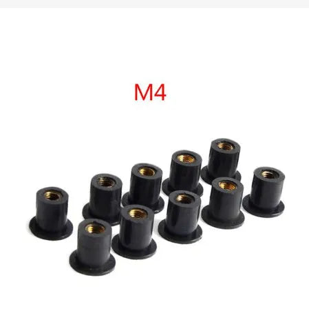 Black rubber and brass well nut riveting fasteners for motorcycle windshields in M4, M5, and M6 sizes