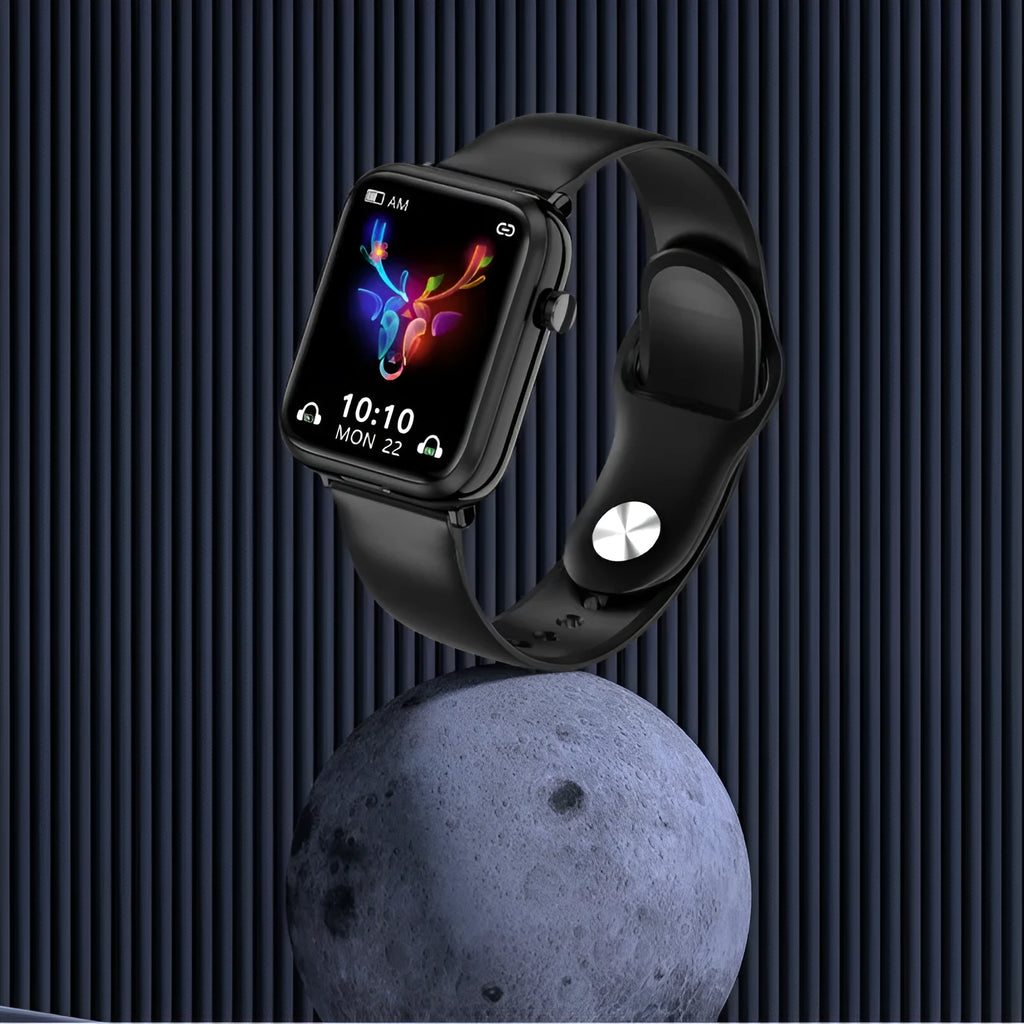 Black smart watch with touch screen and integrated Bluetooth headset on wrist