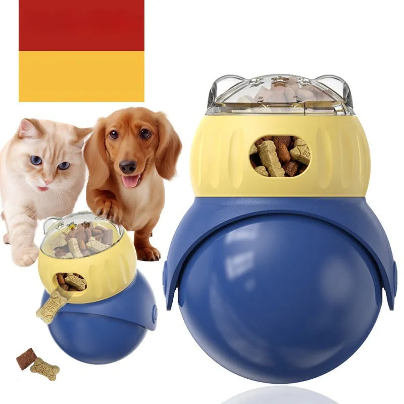 Owl-shaped plastic cat feeder toy in Morandi yellow and blue colours with tumbler mechanism
