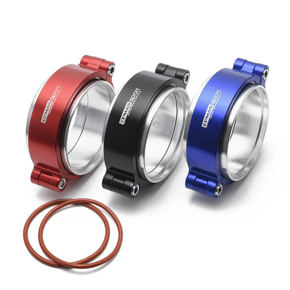 Aluminium turbo exhaust clamp in black colour showing fixed movement design for 2-4 inch exhaust pipes