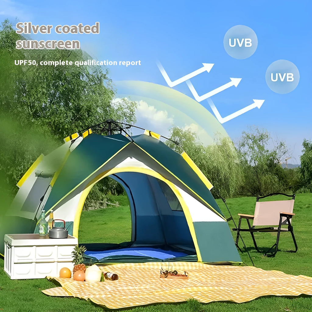 Dark green automatic camping tent with fibreglass poles and silver tape coating set up outdoors