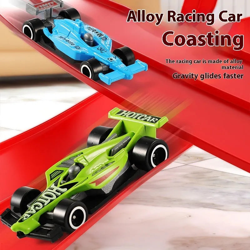 DIY assembled plastic inertia rail car toy set with 4m or 5m red or blue track in a colour box