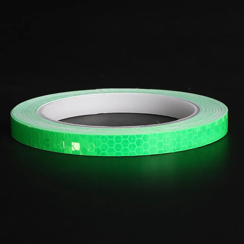 8 metre roll of 10mm reflective warning tape in grass green, orange, red, or white for motorcycle and car anti-collision marking