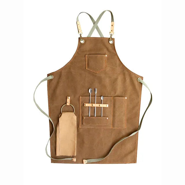Canvas apron with cross-strap back design in camel colour for work protection