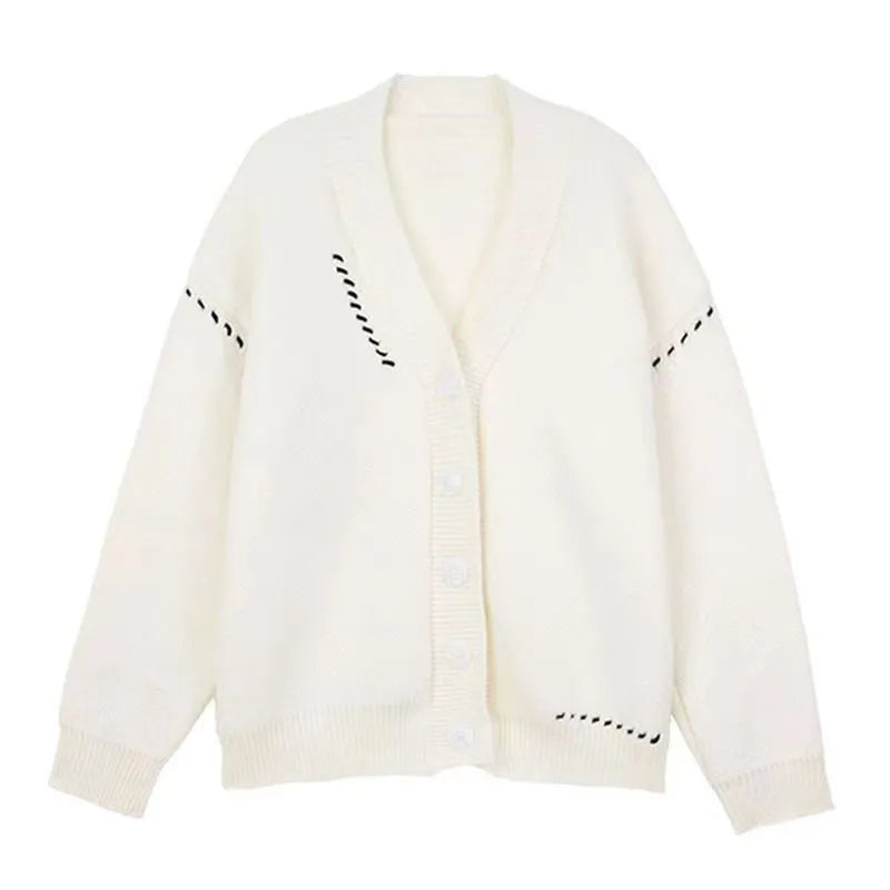 Women's black knitted cardigan coat with long sleeves and loose fit