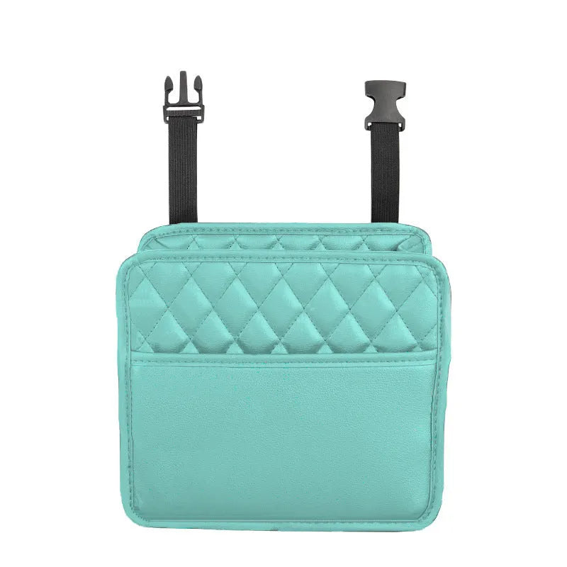 Black leather car hanging storage bag measuring 25cm square with 8cm depth
