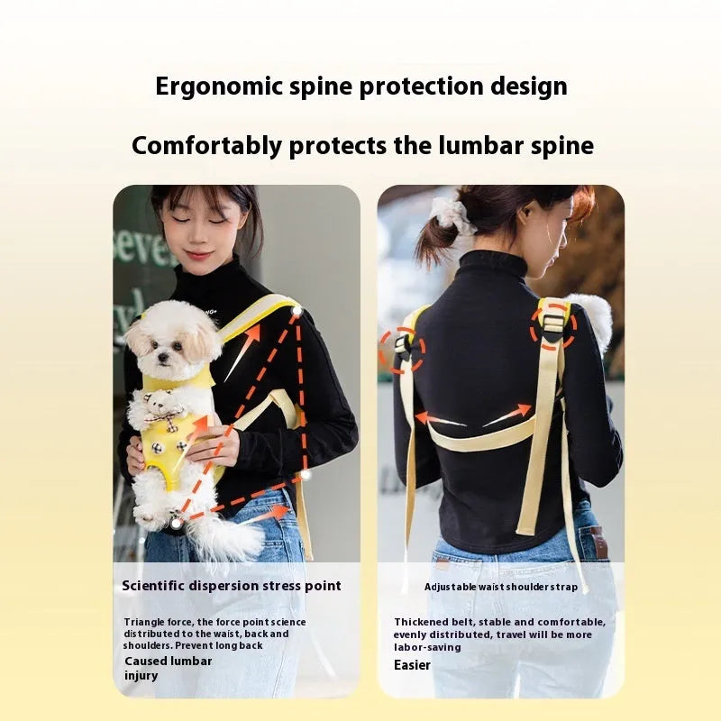 Cartoon pattern pet chest carrier bag in canvas with soft lining and colourful stitching