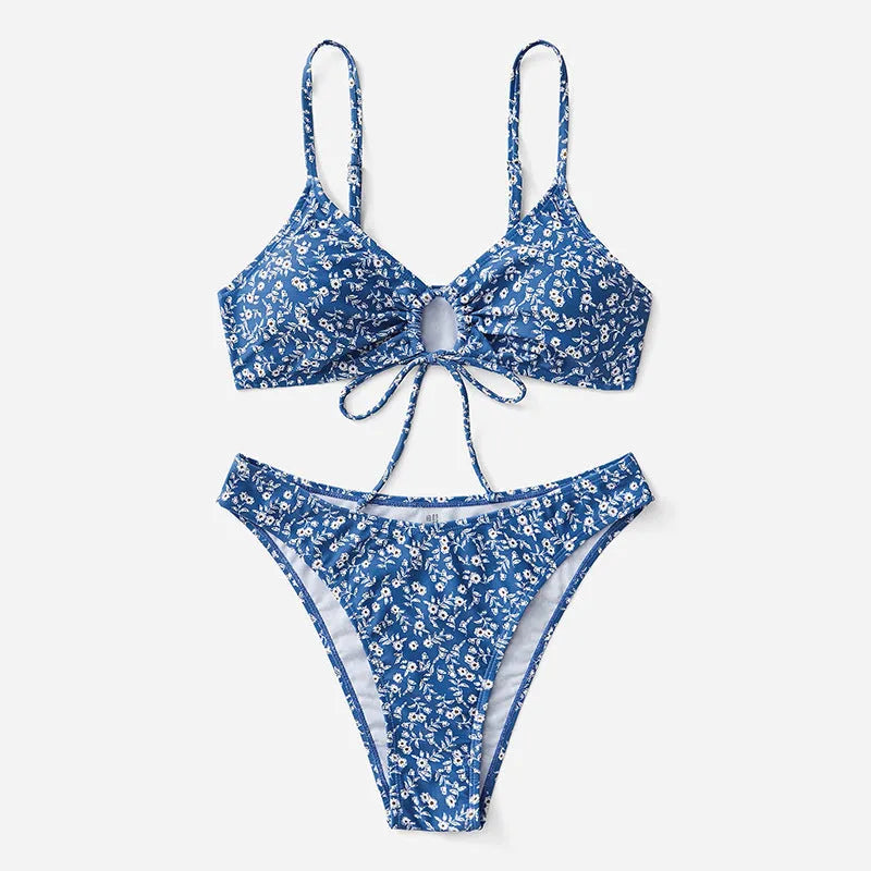 Blue polyester swimsuit three-piece set without a steel ring, showing top and shorts.