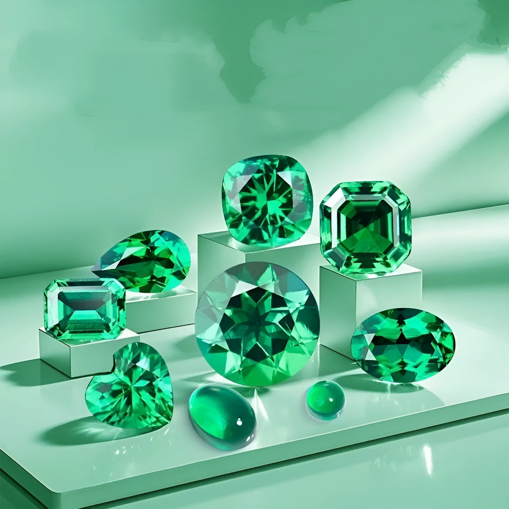 A loose cultivated emerald gemstone in Columbia green treasure colour on a white background.