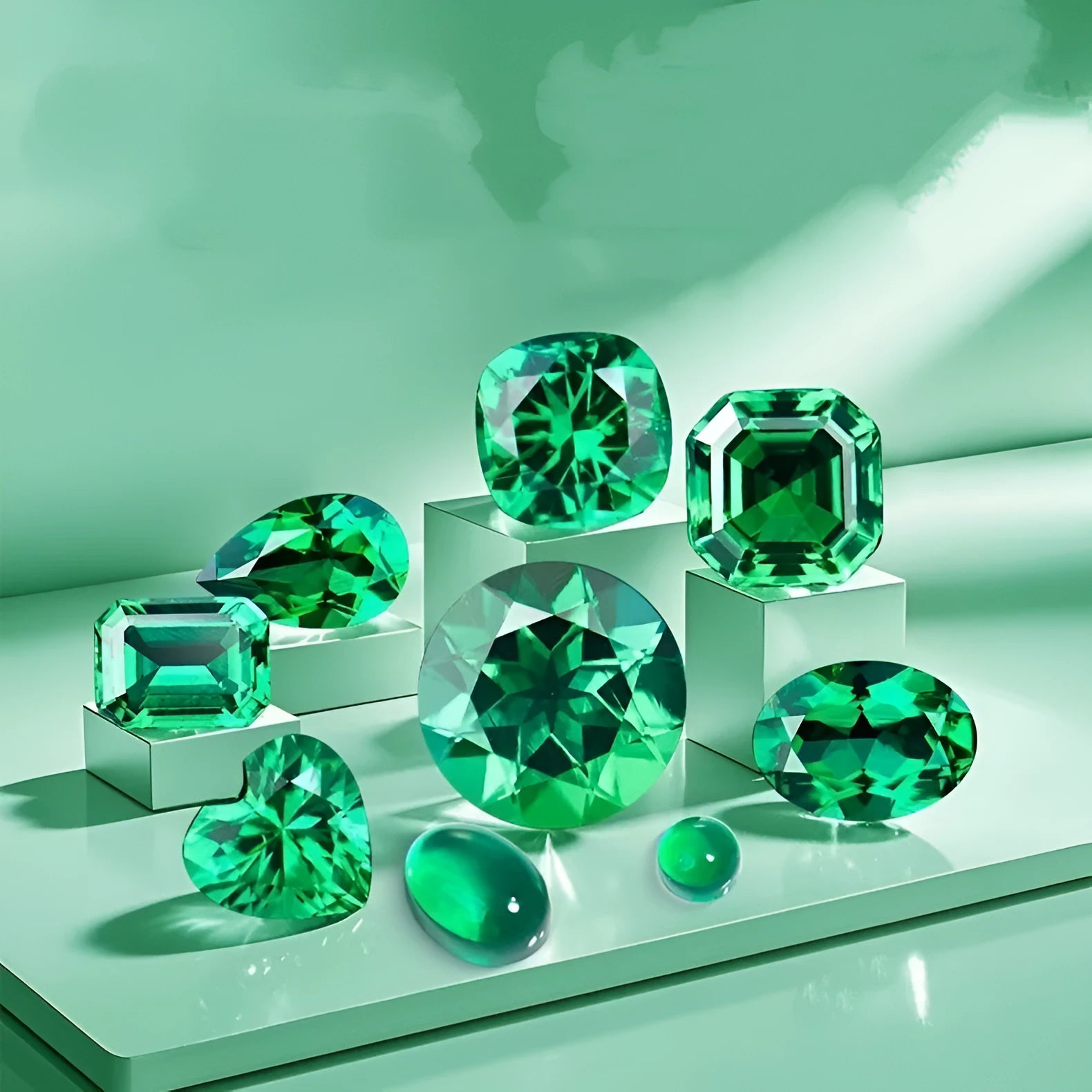 A loose cultivated emerald gemstone in Columbia green treasure colour on a white background.