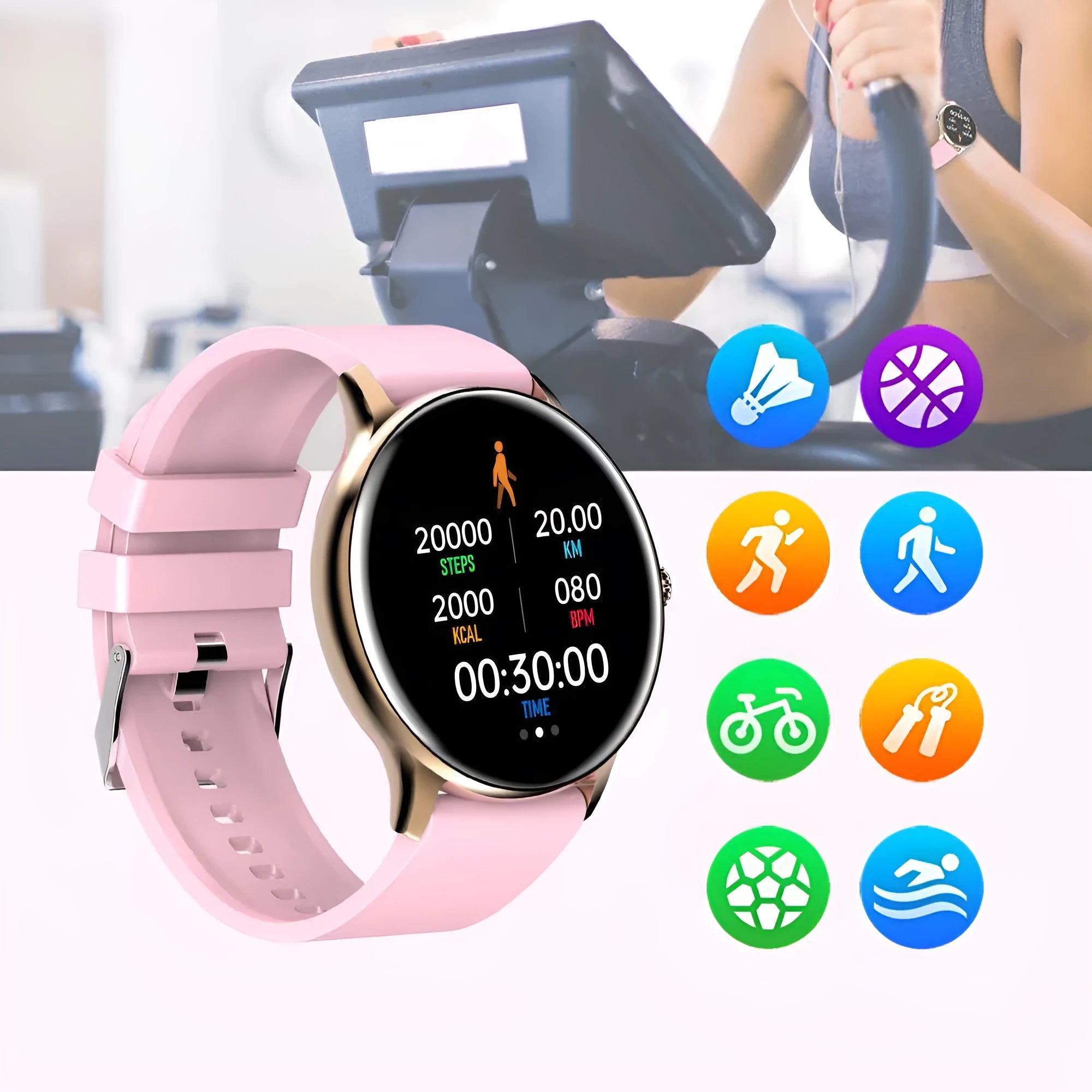 Smart sports watch with colour touch screen displaying health metrics on a silicone wristband.
