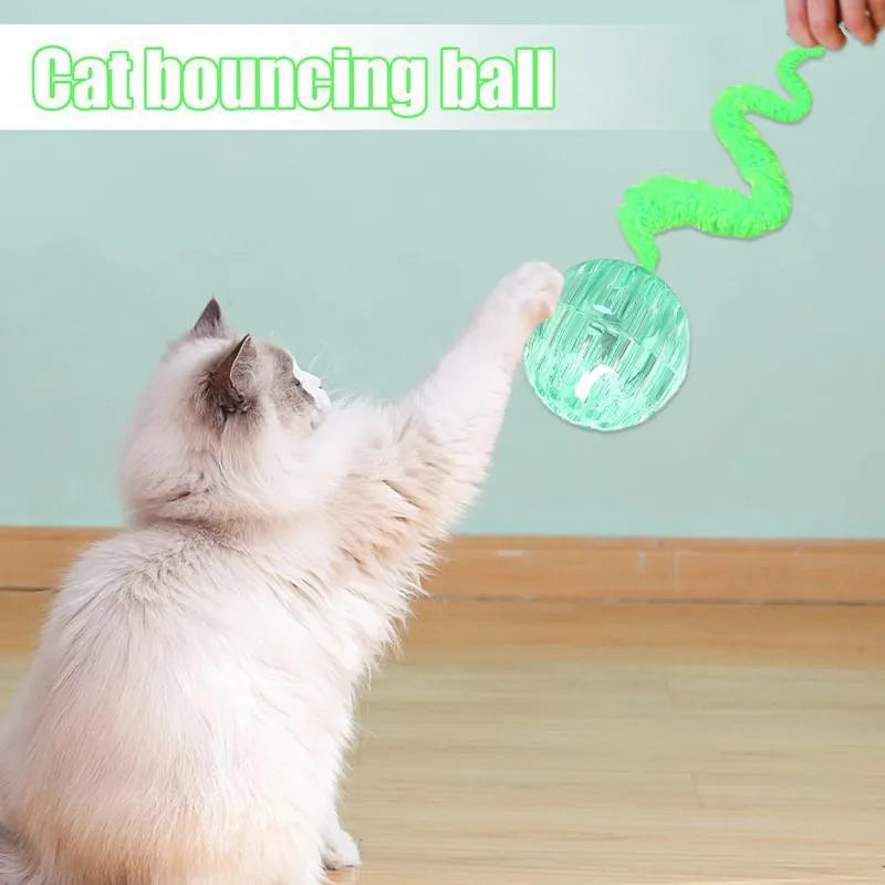 Interactive worm-shaped bouncy ball cat toy with tail in green, pink, or purple colours
